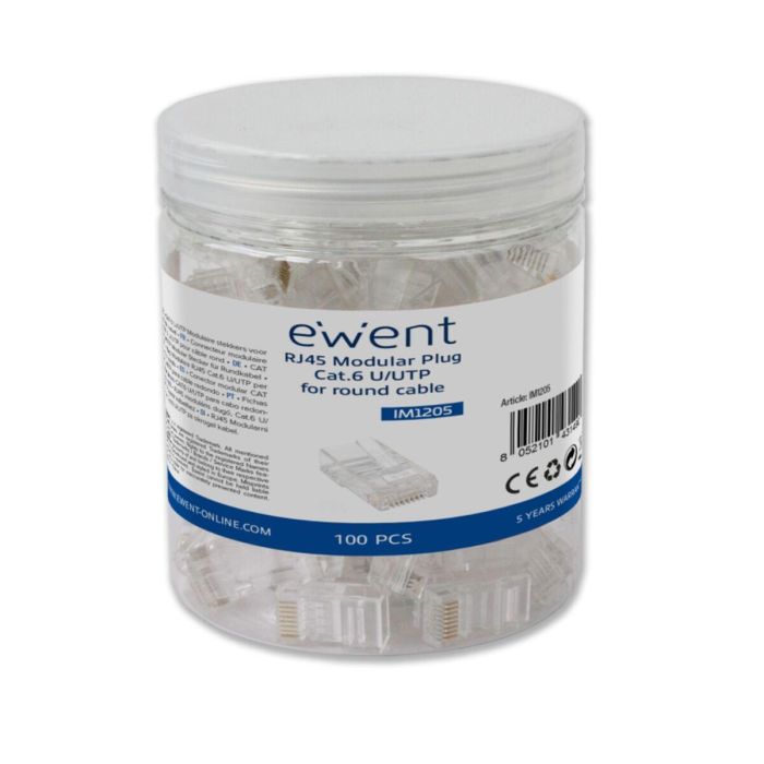 Ewent IM1205 Conector RJ-45 Macho Transparente Cat.6 UTP Para Cable Sólido AWG23-26 Pack 100 Contactos Chapados en Oro