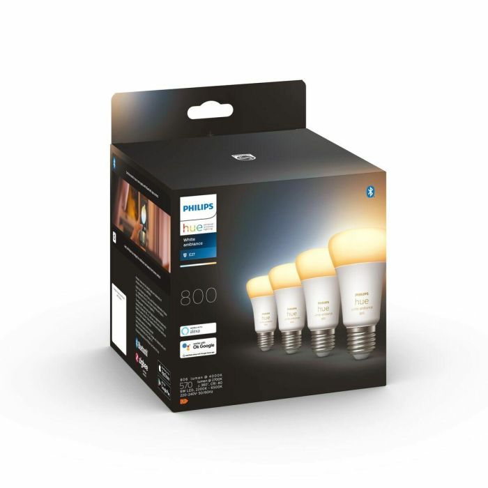 Philips Hue PHI8719514328280 Bombilla LED E27 Conectada White Ambiance 800 lúmenes (equiv. 60W) Compatible Bluetooth Paquete de 4 Philips Hue PHI8719514328280 Bombilla LED E27 Conectada White Ambiance 800 lúmenes (equiv. 60W) Compatible Bluetooth Paquete de 4