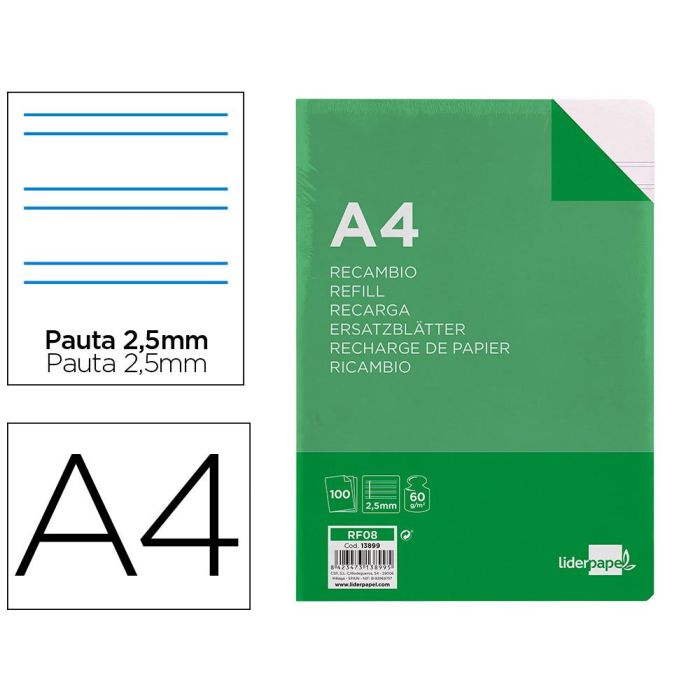 Recambio Liderpapel A4 100 Hojas 60 gr-M2 Pauta 5ª 2.5 mm Con Margen 4 Taladros