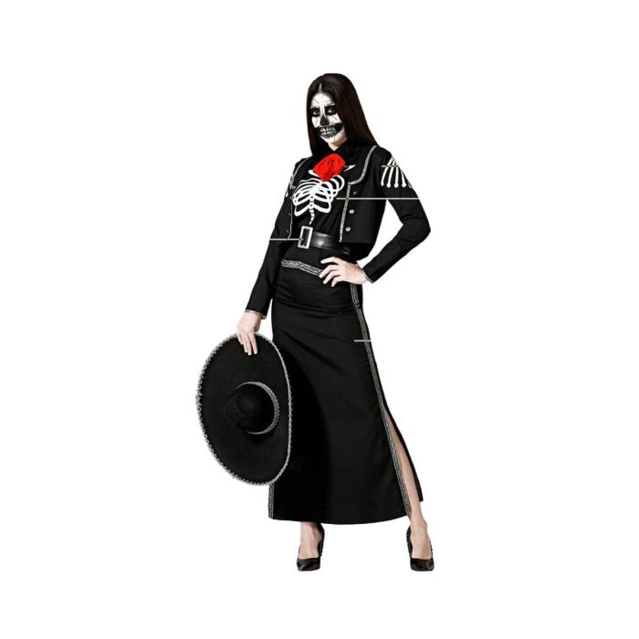 Disfraz Esqueleto Mexicano de Día de Muertos y Halloween para Mujer Adulta, Chaqueta Negra con Calavera y Falda Floral, Talla XL
