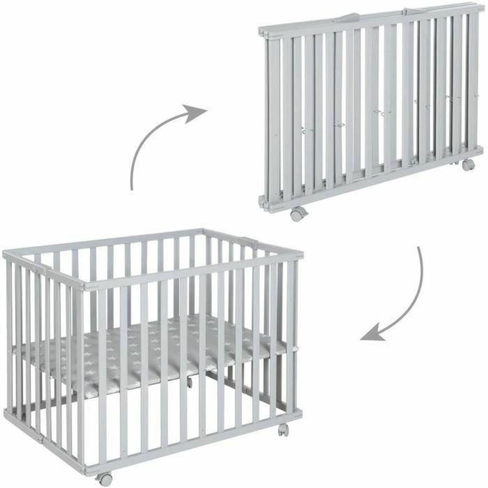 Roba ROB4005317315416 Parque infantil plegable Little Stars 75x100 cm Altura regulable Madera lacada gris topo con estrellas y ruedas freno