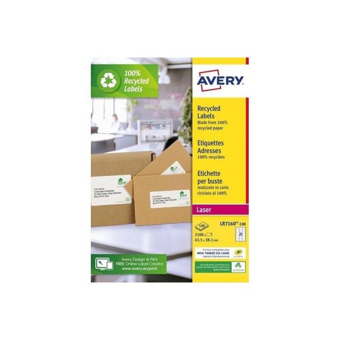 Avery Etiquetas Adhesivas 99,1x33,9 cm Inkjet-Láser 16 X 100H 100% Reciclado Blanco, QuickPEEL