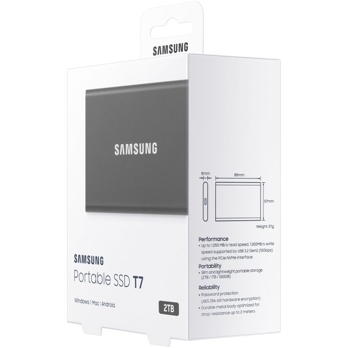 Samsung Portable SSD T7 2TB USB 3.2 Gen2 Tipo C Gris Titanio - NVMe, Lectura 1050MB/s, Escritura 1000MB/s, Aluminio 2