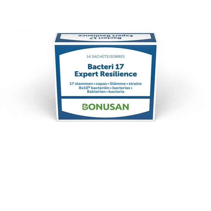 Bonusan Bacteri 17 Expert Resilience Pro. Complemento alimenticio con 17 cepas bacterianas y 8 mil millones de bacterias. 14 sobres para adultos