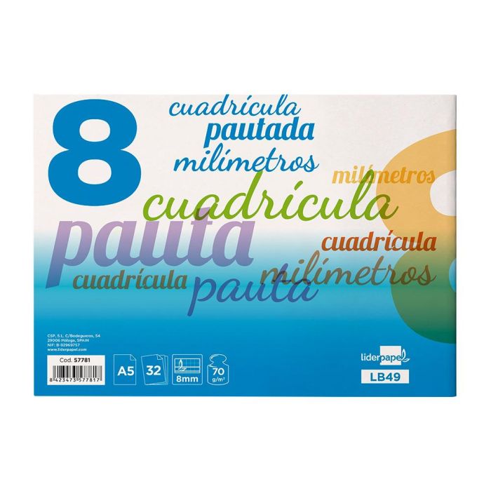 Libreta Liderpapel Pautaguia Tapa Cartoncillo 32 Hojas Din A5 Cuadriculado Pautado 8 mm Apaisada 70 gr 1