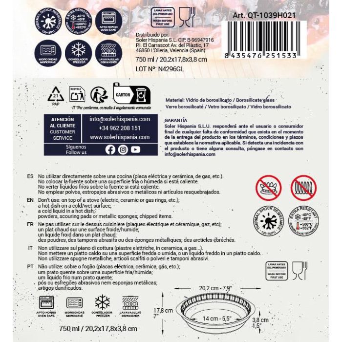 Quttin Fuente de Vidrio para Horno 20.2 x 17.8 x 3.8 cm 750 cc (6 Unidades) 2