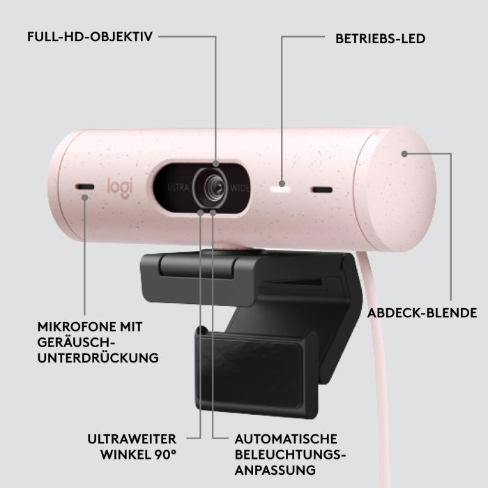 Logitech Webcam Brio 500 Rosa Full HD 1080p, 4 MP, Zoom Digital 4x, Enfoque Automático, USB-C 5