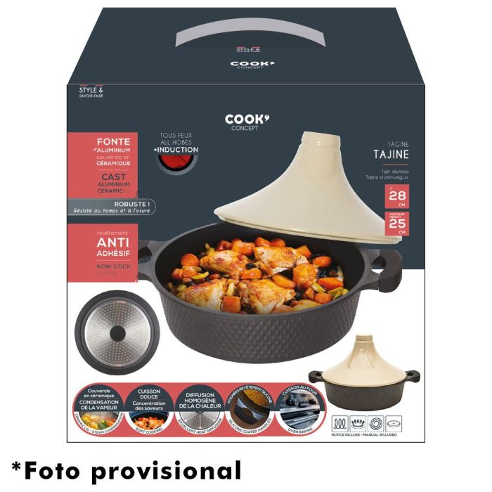 Cook Concept Tajín Inducción Mirage Aluminio Antiadherente con Tapa Cerámica Diámetro 28 cm 1