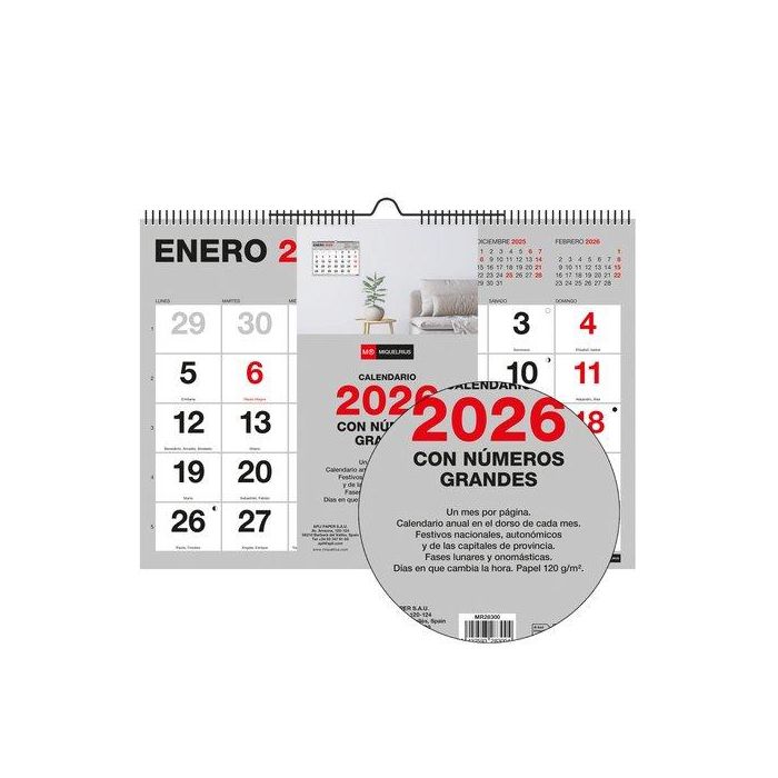 Calendario (2026) Miquelrius Pared Basic Mensual Numeros Grandes A4 296X210