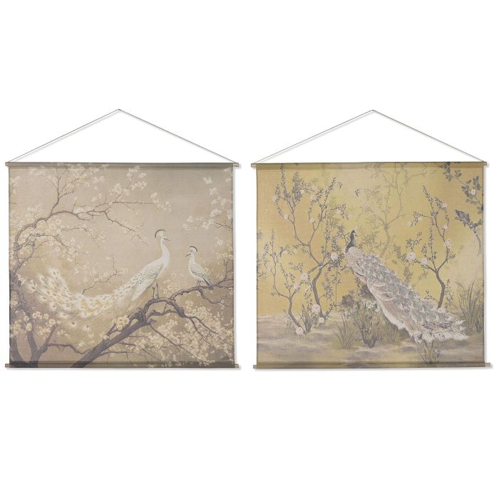 DKD Home Decor Lienzo Oriental Cerezo Aves Lino Amarillo Blanco 2.5 x 125 x 145 cm (4 Unidades)