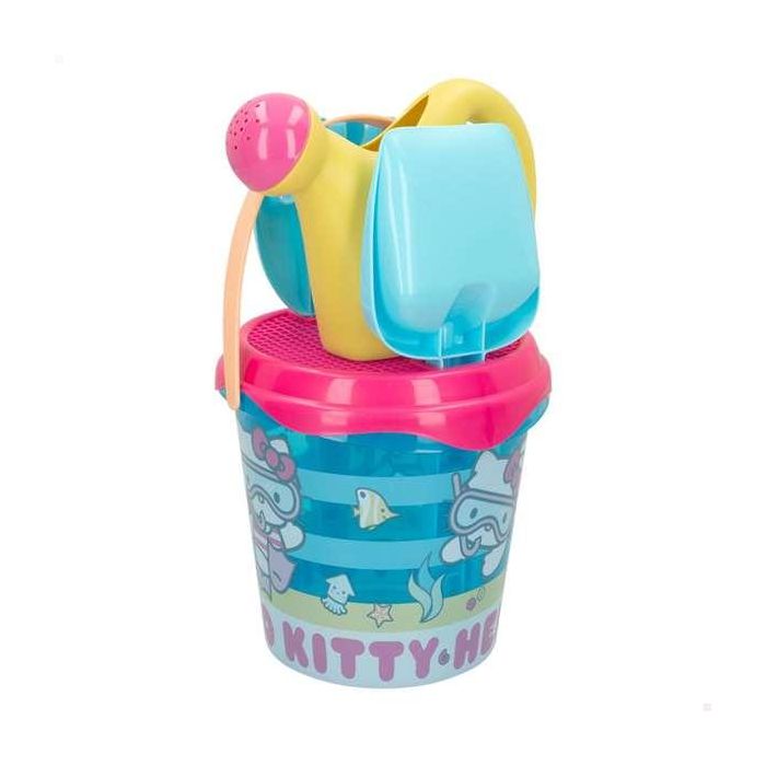 Cubo de playa hello kitty diamerto18 cm con pala,rastrillo,regadera y molde en red. 2