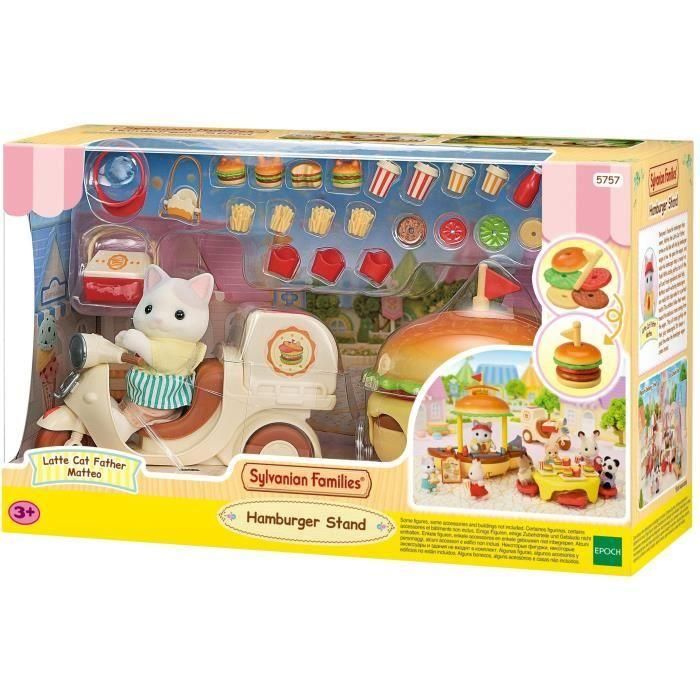 Juego de Catering - SYLVANIAN FAMILIES - Puesto de hamburguesas - Papa Latte Cat y Scooter