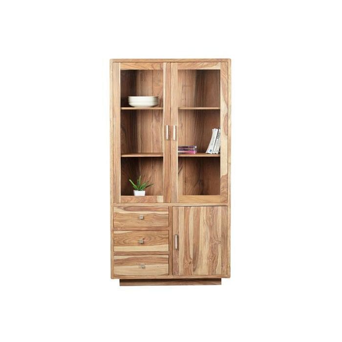 DKD Home Decor Vitrina Marrón Natural de Sheesham y Cristal 100x42x190 cm con 3 Cajones y 3 Puertas Hecha a Mano