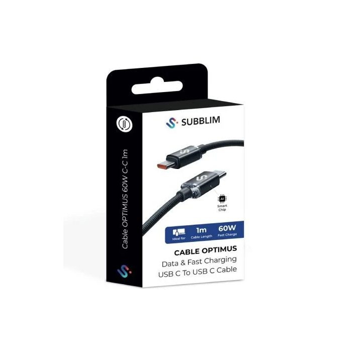 Subblim Cable USB-C a USB-C Optimus 60W, Carga Rápida PD, Nylon Trenzado, 480Mbps, 1m, Negro