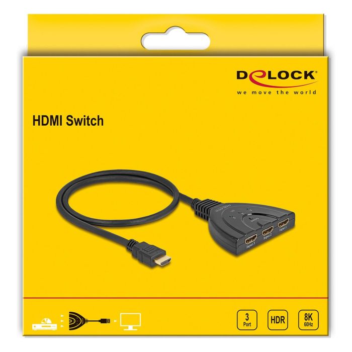 DeLOCK Conmutador HDMI 3x1, 8K 60Hz, 48Gbps, HDR, Plug & Play, HDCP 2.3, con Cable Integrado 60cm (Modelo 3 x HDMI in zu 1 x HDMI out) 1