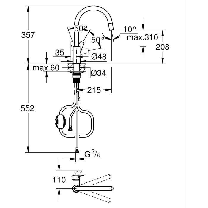 Grifo de cocina - Mezclador monomando de fregadero - Cromo - Caño alto en forma de C - Aireador extraíble - GROHE StartEdge - 30550000 2 Grifo de cocina - Mezclador monomando de fregadero - Cromo - Caño alto en forma de C - Aireador extraíble - GROHE StartEdge - 30550000 2