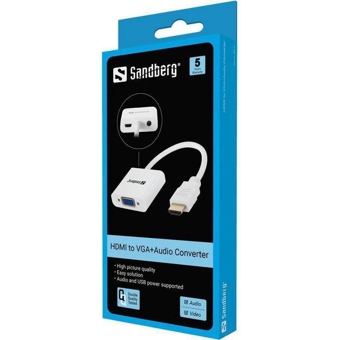 Sandberg HDMI a VGA+Audio Converter, Adaptador para conectar monitor VGA, con Audio y Alimentación USB 2