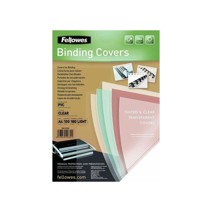 Fellowes Tapa de Encuadernación PVC Transparente A4 180 micras, para Espiral o Canutillo, Pack de 100
