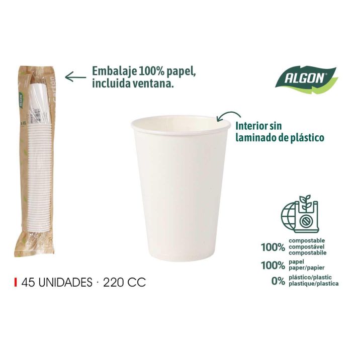 Set de 45 vasos blancos de cartón 220 cc Algon (20 Unidades) Set de 45 vasos blancos de cartón 220 cc Algon (20 Unidades)