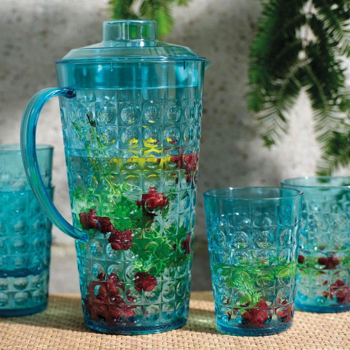 KSD Jarra con 4 vasos, diseño bolas, color azul, plástico 1 KSD Jarra con 4 vasos, diseño bolas, color azul, plástico 1