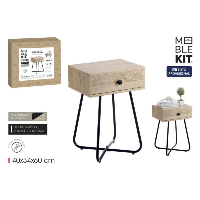 Moblekit Mesita Auxiliar Metal Madera con Cajón - 40 x 34 x 60 cm (3 Unidades)