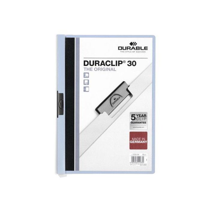 Durable Carpeta Duraclip Dossier con Pinza Lateral para 30 Hojas, DIN A4, Azul, Polipropileno, Portada Transparente y Contraportada Opaca
