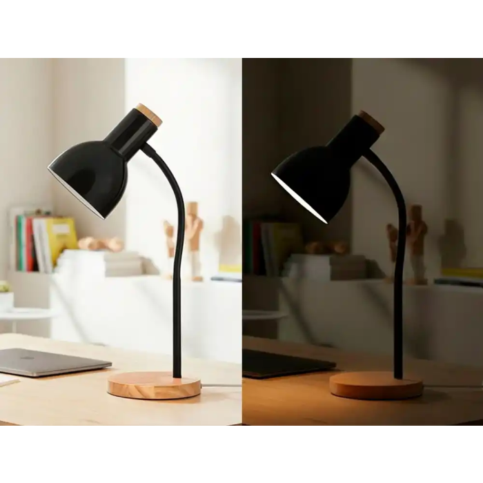 Q-connect Orion Lámpara de Escritorio Metálica con Detalles de Madera, Brazo Flexible, Color Negro 7
