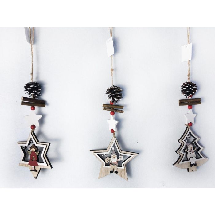 DKD Home Decor Decoración Colgante de Navidad Tradicional en Madera Marrón Rojo Blanco Largo 11 x Ancho 10 x Alto 37 cm - Set Surtido de 12 Unidades