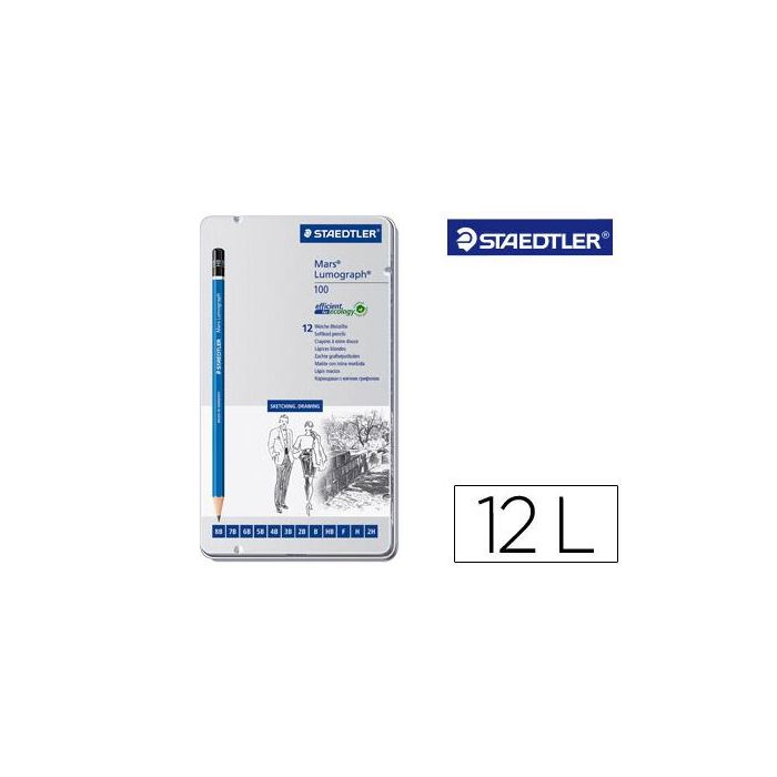 Lapices De Grafito Staedtler Mars Lumograph 100 Caja Metalica De 12 Lapices 8B- 7B-6B-5B-4B-3B-2B-B-Hb-F-H-2H