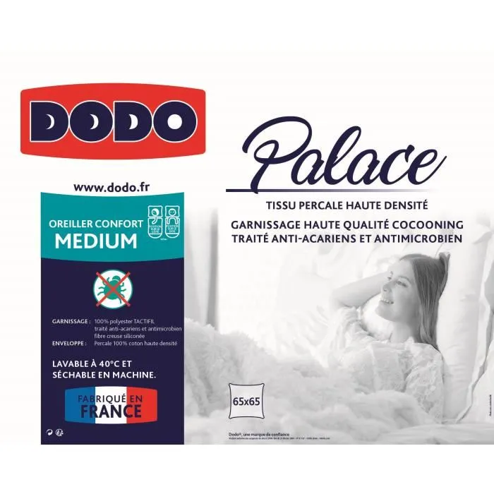 Dodo PALACE Almohada Percale Anti-Ácaros 100% Algodón 65 x 65 cm Medio Confort Dormir de Lado Boca Arriba 2