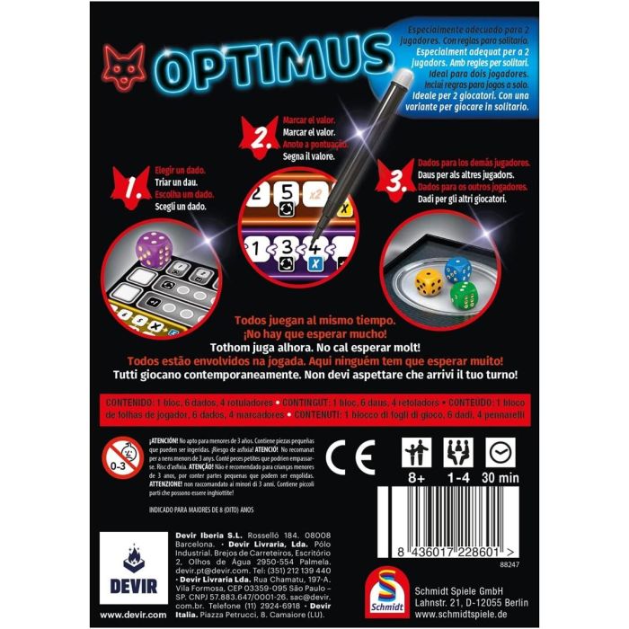 Devir Optimus Juego de Mesa Lanzar Dados y Escribir Pegi 8 Recomendado para +8 Años 3 Devir Optimus Juego de Mesa Lanzar Dados y Escribir Pegi 8 Recomendado para +8 Años 3