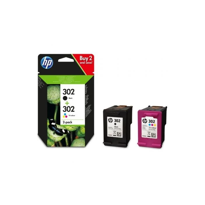 HP Cartuchos de Tinta Negra y Tricolor 302 F6U66AE + F6U65AE para Officejet 3830 Pack 4 Colores 1