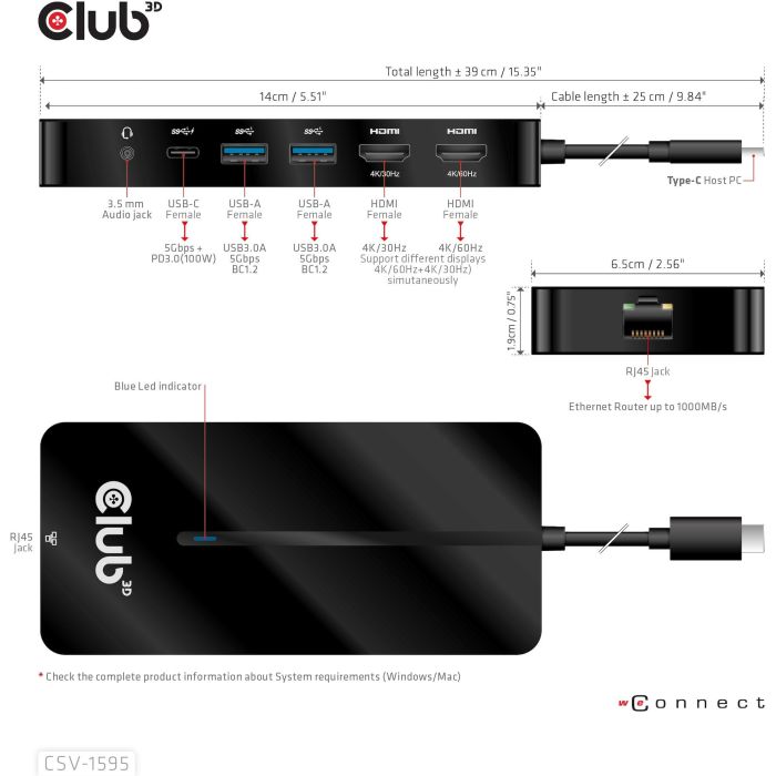 Club3D Hub USB-C 7 en 1: 2xHDMI 4K60Hz, 2xUSB, USB-C PD100W, LAN - Adaptador para portátil/PC 6 Club3D Hub USB-C 7 en 1: 2xHDMI 4K60Hz, 2xUSB, USB-C PD100W, LAN - Adaptador para portátil/PC 6