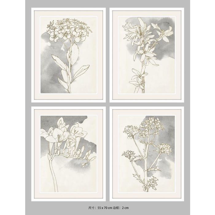DKD Home Decor Cuadro Decorativo Romántico con Flores, Cristal y MDF, Juego de 4, Gris Blanco, 70x55x2.5 cm