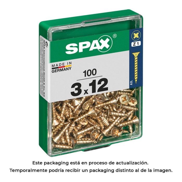 Spax 4081020300122 Tornillo de madera universal rosca completa cabeza plana ranura Z1 punta S Yellox 3,0x12mm Caja 100 unidades 0 Spax 4081020300122 Tornillo de madera universal rosca completa cabeza plana ranura Z1 punta S Yellox 3,0x12mm Caja 100 unidades 0