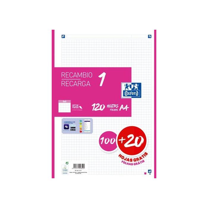 Oxford Recambio Classic 120 Hojas A4 Sueltas 90 gr, 5x5 mm, 4 Taladros, Banda Fucsia, Compatible con SCRIBZEE