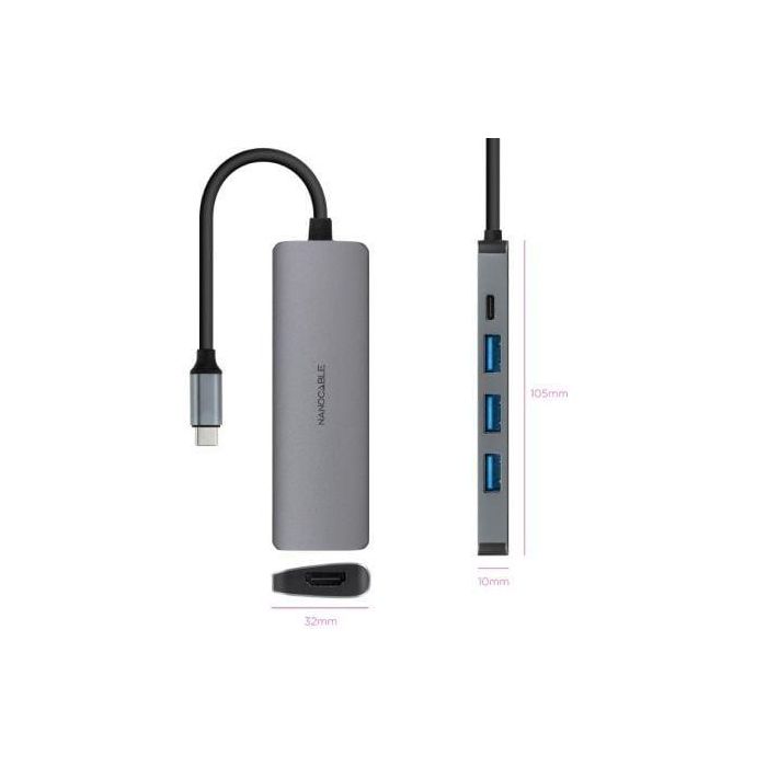 Nano Cable 10.16.4605 Docking Tipo-C 3xUSB 1xHDMI 4K 1xUSB Tipo-C PD Gris 1