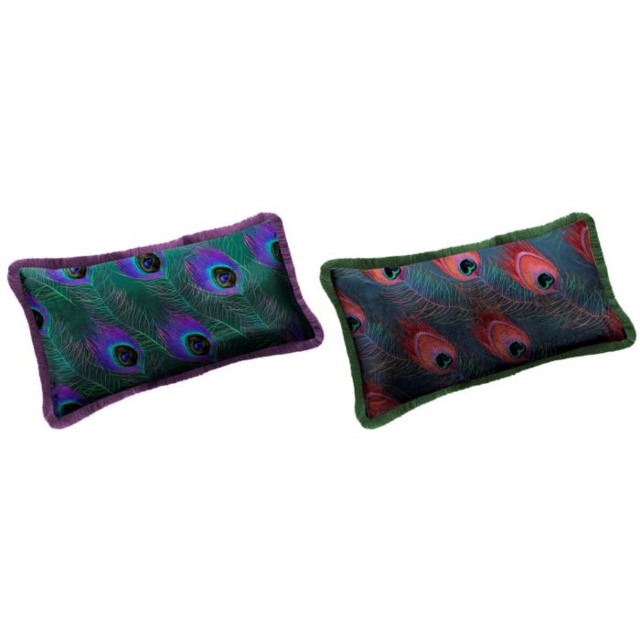 DKD Home Decor Cojín Decorativo Peacock Glam, Poliéster Multicolor Verde con Cremallera, 10x30x50 cm (Pack de 4)