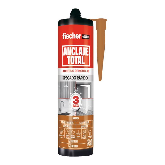 Fischer Adhesivo de Montaje Anclaje Total, pegado rápido 3 segundos, 600 kg/m², Interior/Exterior, Marrón, 290 ml