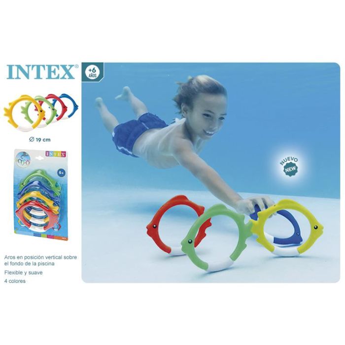 Intex 55507 Anillos de Buceo Subacuáticos con Diseño de Peces, 4 Colores. Juego de Habilidad y Destreza para Piscina Niños +3 Años
