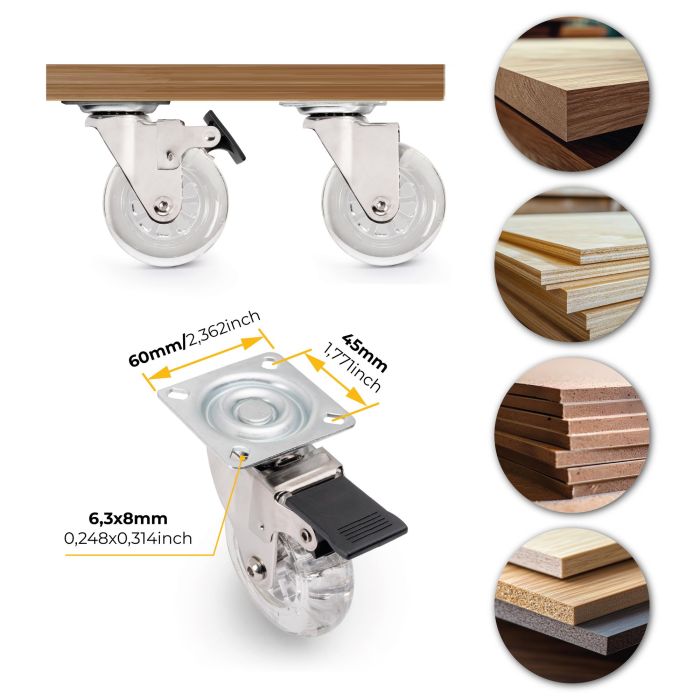 Emuca Lote de 4 ruedas Slip transparentes con placa de montaje, diámetro 75mm, Acero y Plástico 7