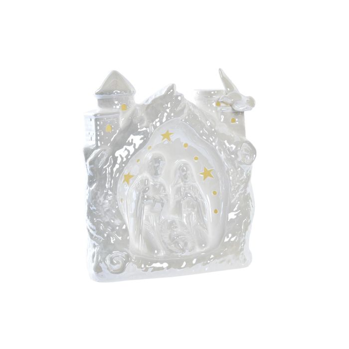 DKD Home Decor Nacimiento Navidad Moderno de Porcelana con LED Blanco, 18x9.5x16.5 cm (Alto x Largo x Ancho), Funciona con 3 Pilas LR44