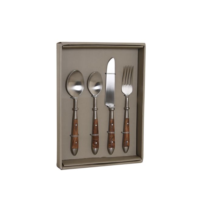 DKD Home Decor Cubertería 16 Piezas Inox y Acacia Natural Plateado 2 x 20 x 4.5 cm 2