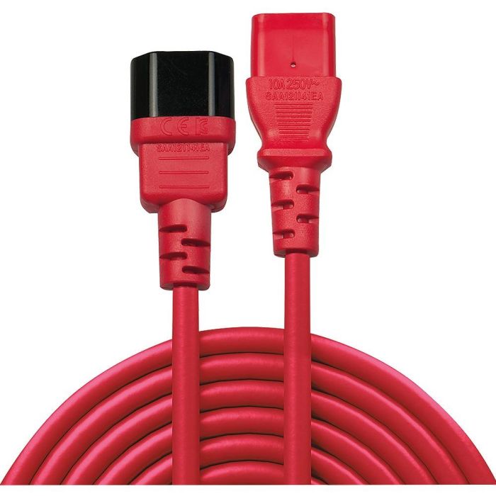 Lindy 2m Cable Extensión Alimentación IEC C14 a C13, Rojo, Conectores Moldeados VDE para PC, Monitor, UPS, Servidor y entornos profesionales, Resistente a Temperaturas 1