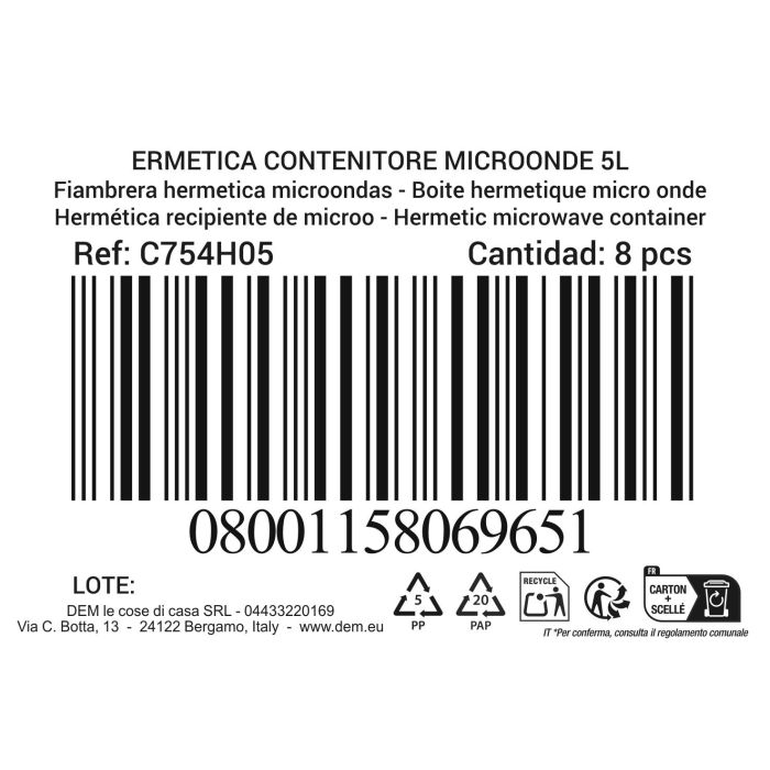 Fiambrera hermética para microondas 5L rect. - Dem (8 Unidades) 5 Fiambrera hermética para microondas 5L rect. - Dem (8 Unidades) 5