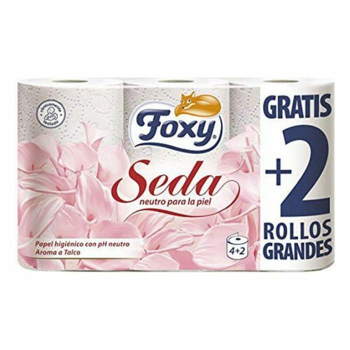 Foxy SEDA Papel Higiénico pH Neutro Aroma Talco, 3 Capas Suave y Resistente para Piel Delicada, Pack 6 Rollos (4+2 Gratis) Clínicamente Testado