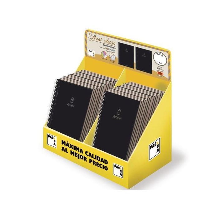 Pacsa Cuaderno First Class 120H A5 100 gr 5x5+Greca Microperforado Expositor 24 Ud Tapa Negra Relieve Oro-Plata Pacsa Cuaderno First Class 120H A5 100 gr 5x5+Greca Microperforado Expositor 24 Ud Tapa Negra Relieve Oro-Plata