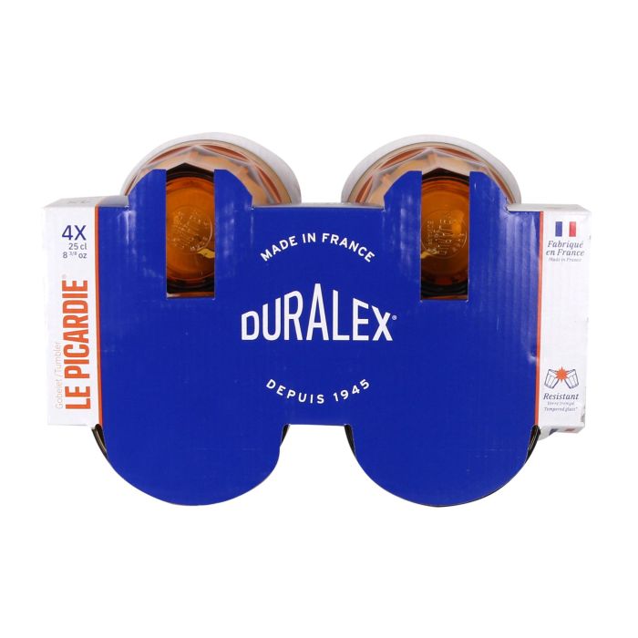 Duralex Set de 4 Vasos "Picardie" 25 cl / 0.25 L, Vidrio Templado Ámbar, Dimensiones 8.7 x 8.7 x 9 cm (12 Cajas)