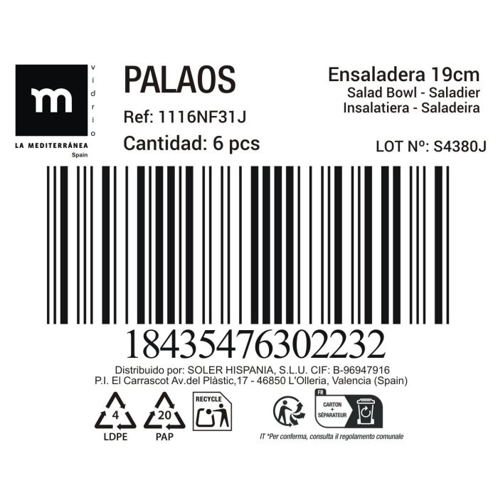 La Mediterranea Ensaladera Opal Colección Palaos 19 cm (48 Unidades) 1