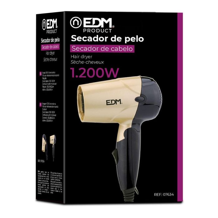 Edm Secador de Pelo de Viaje Bi-Tensión 1000-1200W, 2 Velocidades, Mango Plegable, Dorado/Negro 2